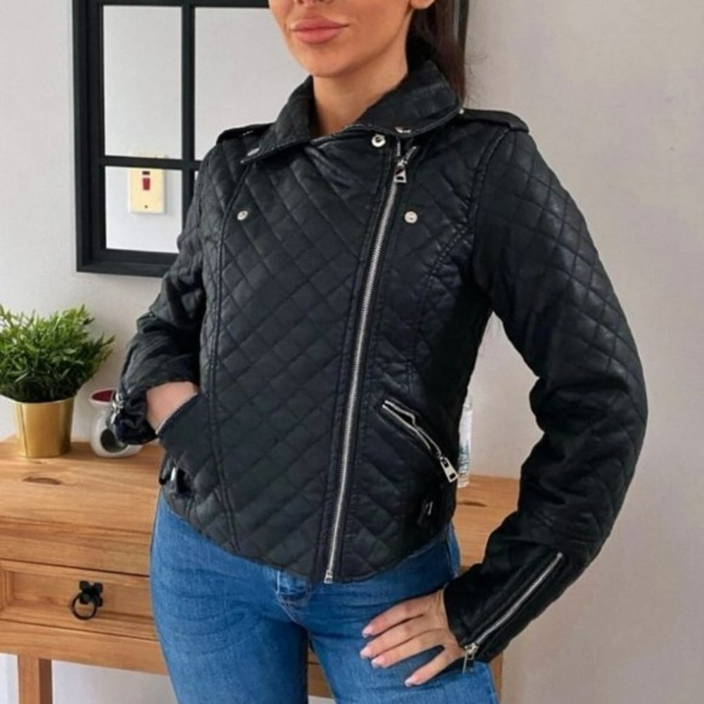 Black Vegan Faux  Leather Quilted Moto Biker Jacket